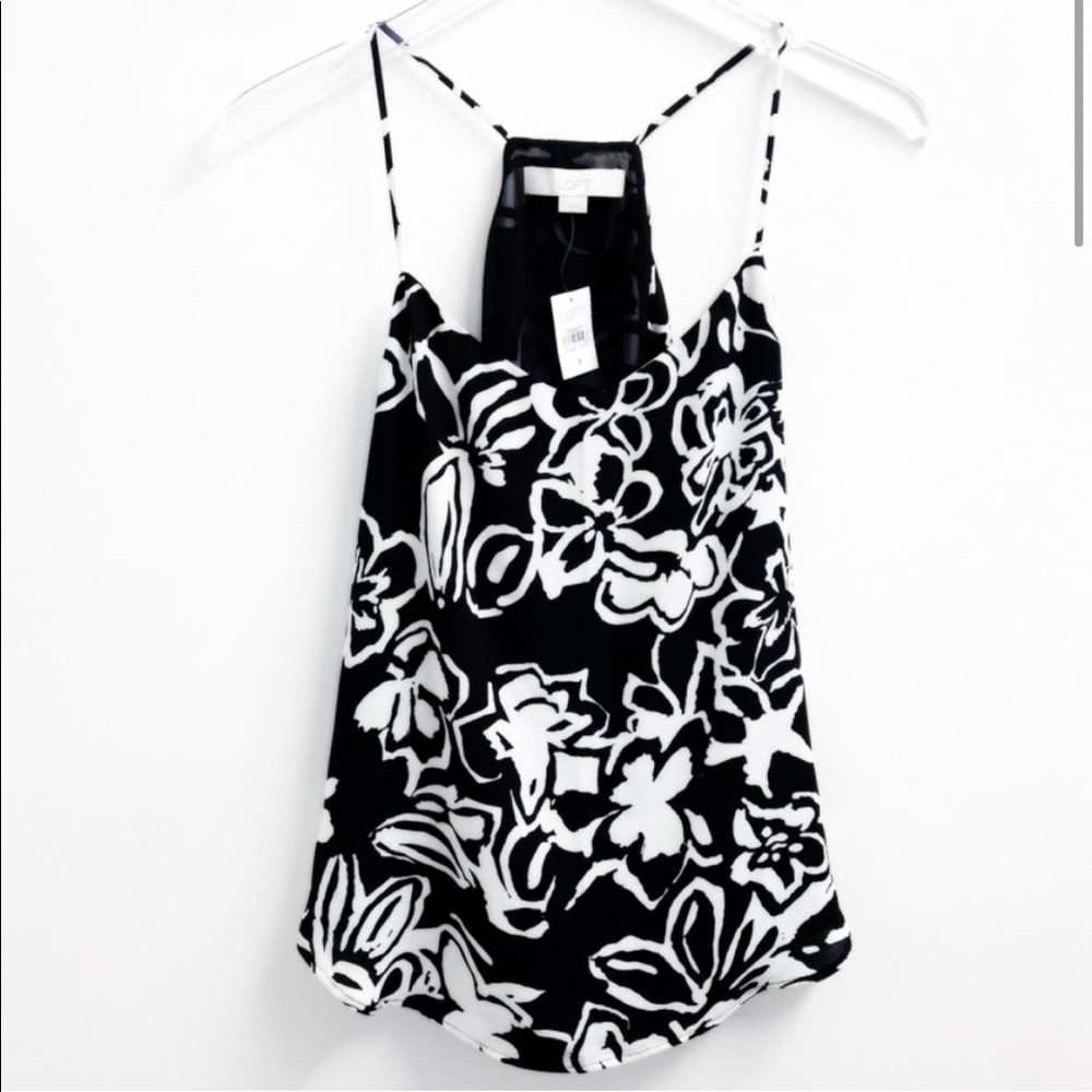 LOFT Black White Floral Strappy Blouse